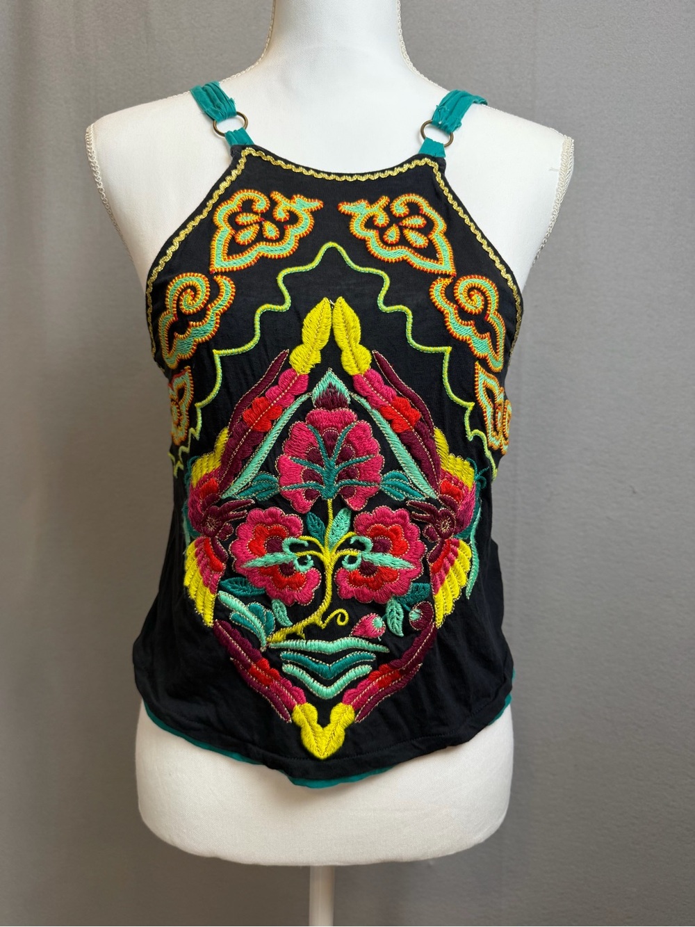 Free People Embroidered Boho Halter Top XS Colorful Floral